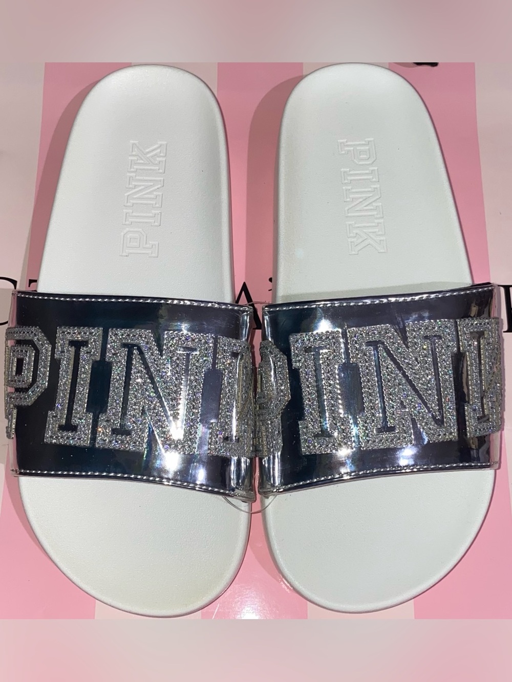New rare Victoria’s Secret PINK slides flip flops pink sandals holo silver bling